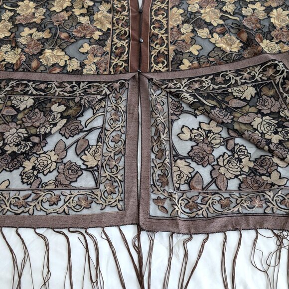 UNBRANDED Kimono Women's OS Floral Brown Black Metallic Sheer‎ Buttons Fringe - Picture 12 of 16
